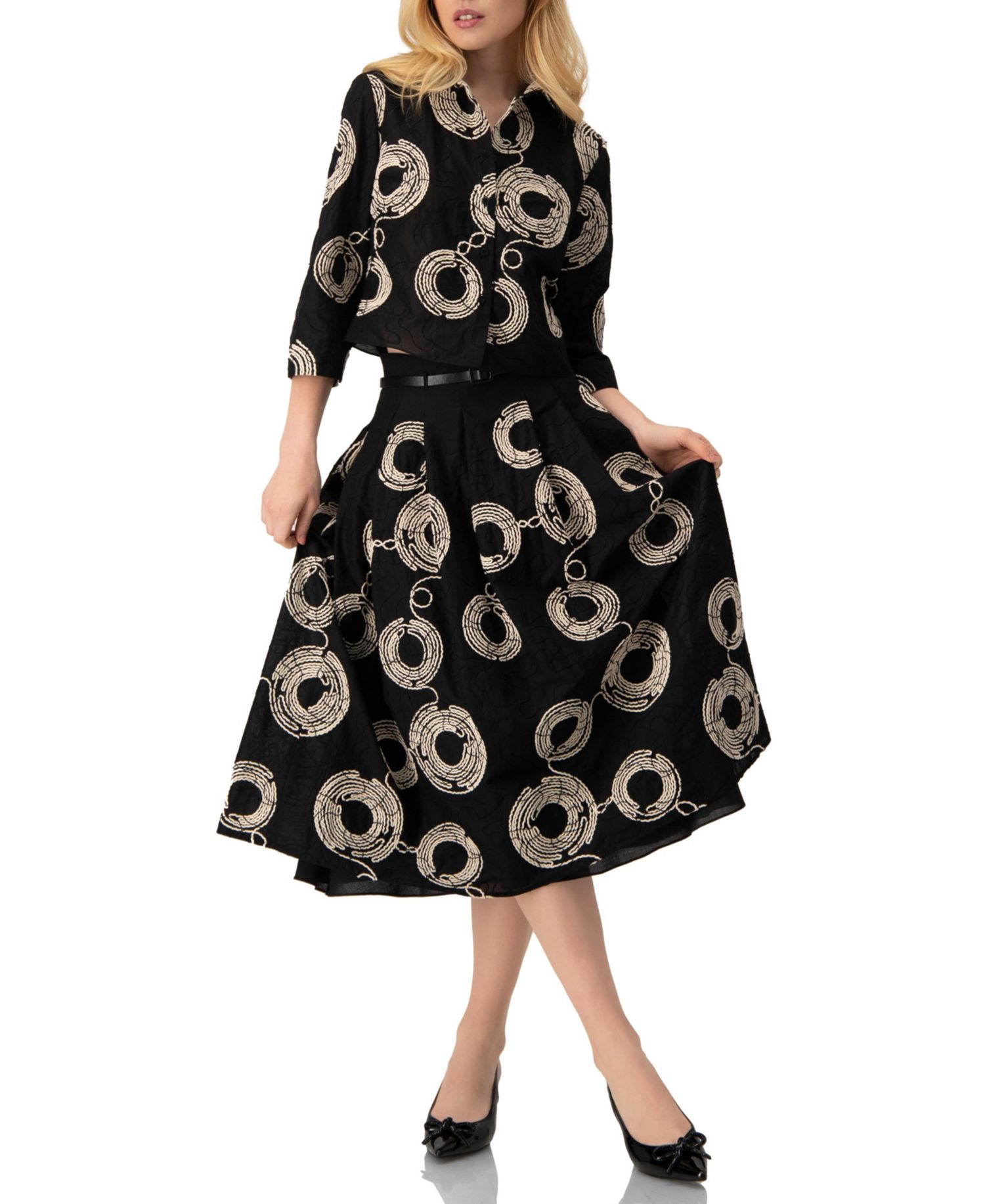 Women's Embroidered Midi Skirt with Belt