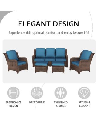 5 Piece Rattan Outdoor Sectional Conversation Set 3 Seat Couch 2 Single Chairs 2 Ottomans Bron Peacock Blue for Lawn Balcony Garden Backyard