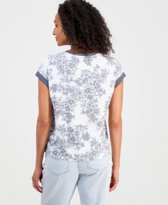 Women's Toile Contrast-Trim Short-Sleeve Top