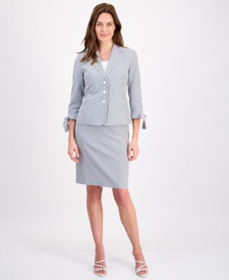 Women's Seersucker Tie-Sleeve 2 Piece Skirt Suit