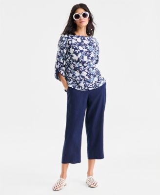 Women's 100% Linen Solid Cropped Pull-On Pants