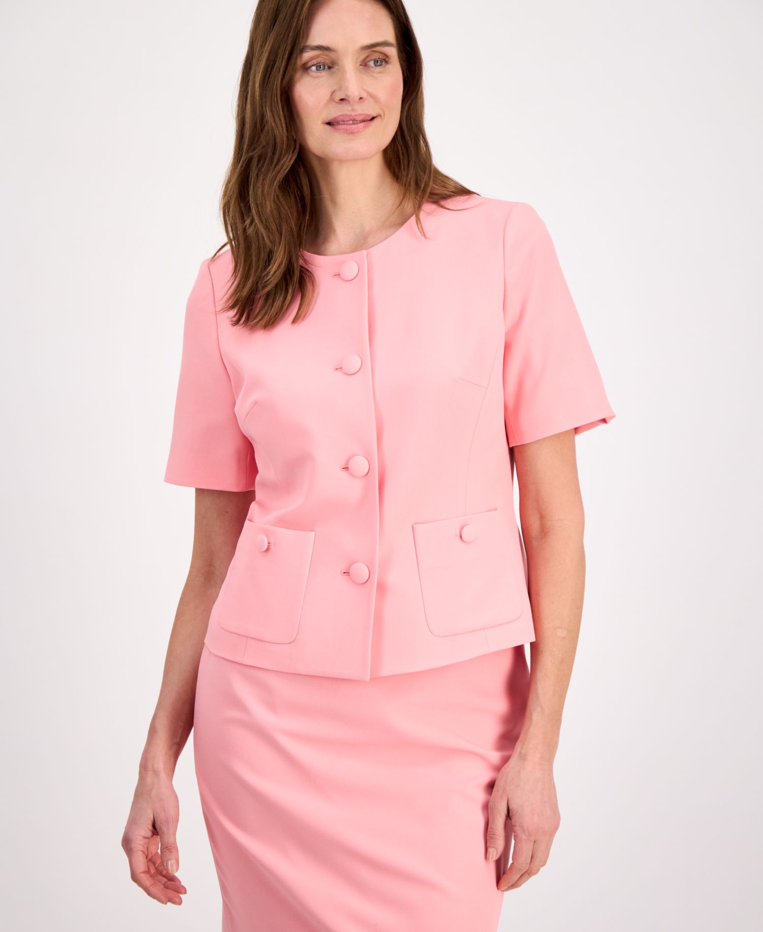Women's Short-Sleeve Four-Button 2 Piece Skirt Suit