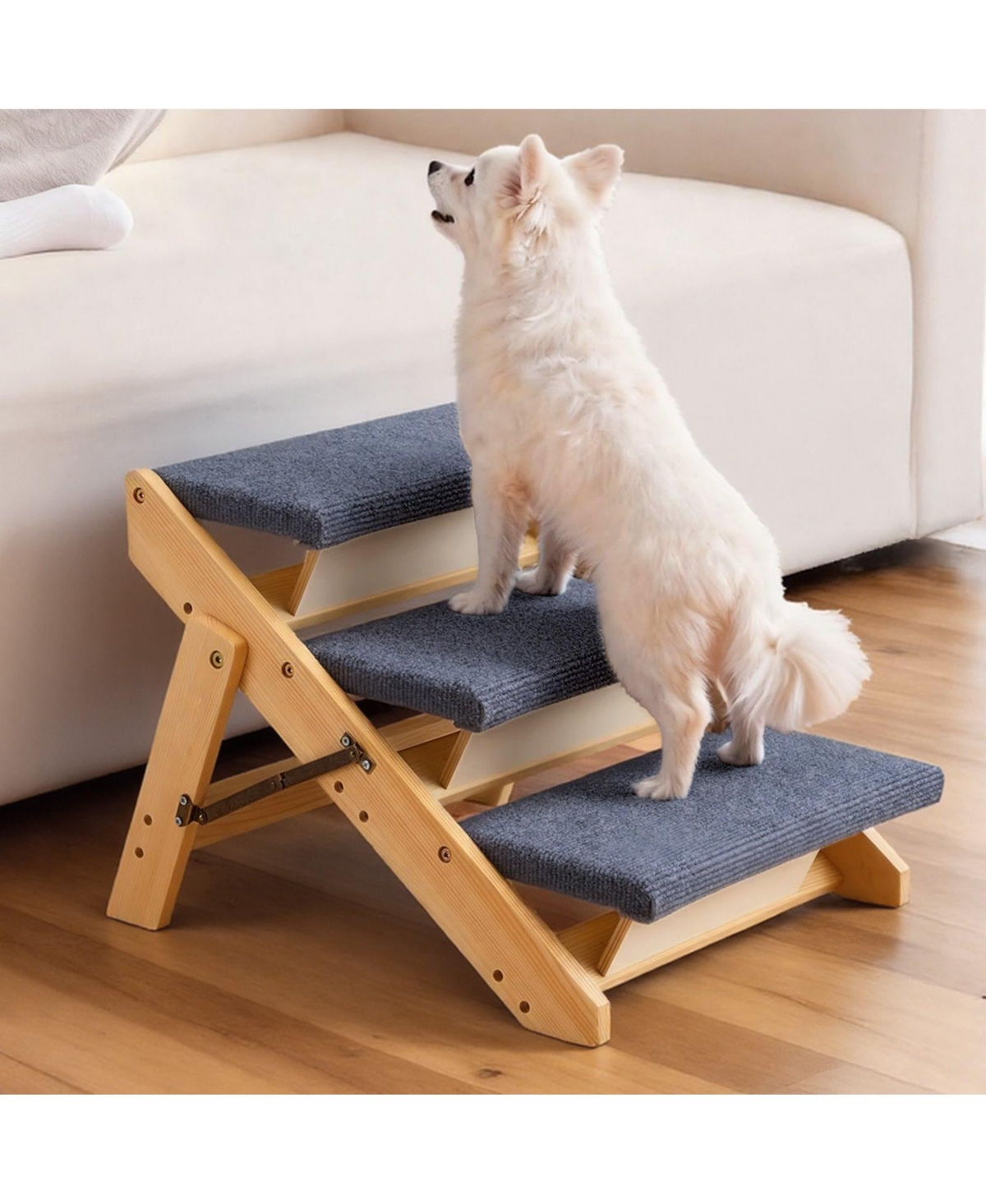 Cozito 3-Step Wooden Pet Stairs for Bed, Sofa, or Car, Foldable Flat Design, 150 lb Capacity