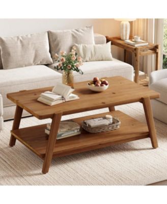 47-Inch Solid Wood Coffee Table, 2-Tier Farmhouse Rectangular Accent Center Cocktail Tea Table with Storage, Rustic Brown