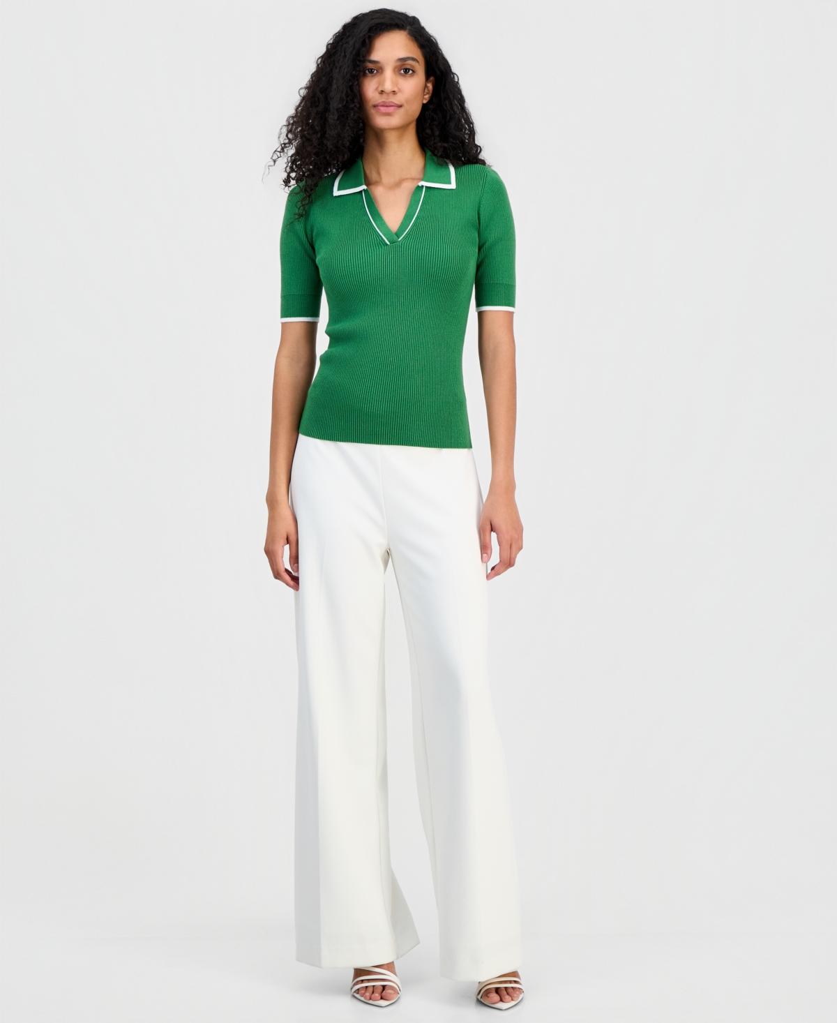 T Tahari Women's Johnny-Collar Half-Sleeve Top