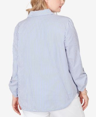 Plus Size Snap Front Tie Hem Pucker Stripe Top