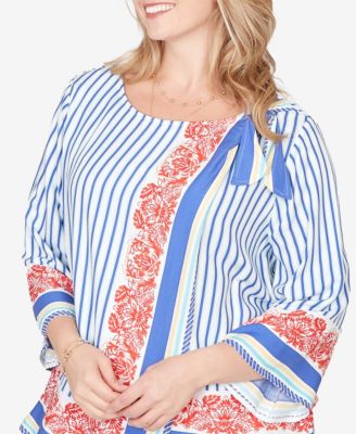 Plus Size Striped Scarf Print Tie Shoulder Top