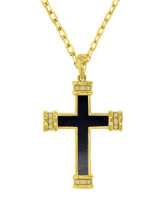 Onyx and Diamond (0.036 ct. t.w.) Cross Necklace in 14k Yellow Gold Over Sterling Silver