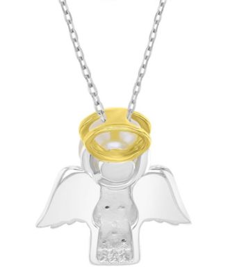 Diamond (0.01 ct. t.w.) & Imitation Pearl Angel Necklace in 14K yellow gold over sterling silver