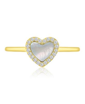 Cubic Zirconia (0.189 ct. t.w.) & Imitation Pearl Heart Ring in 14k Yellow Gold Over Sterling Silver
