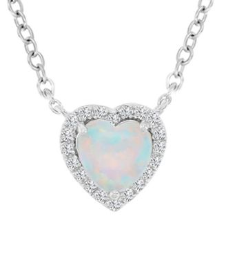 White Sapphire (0.12 ct. t.w.) & Opal (6mm) Necklace in Rhodium Over Sterling Silver