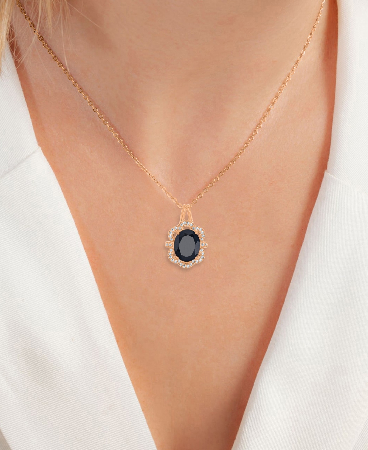 Macy's Onyx and White Sapphire (0.216 ct. t.w.) Halo Necklace in 14k Rose Gold Over Sterling Silver