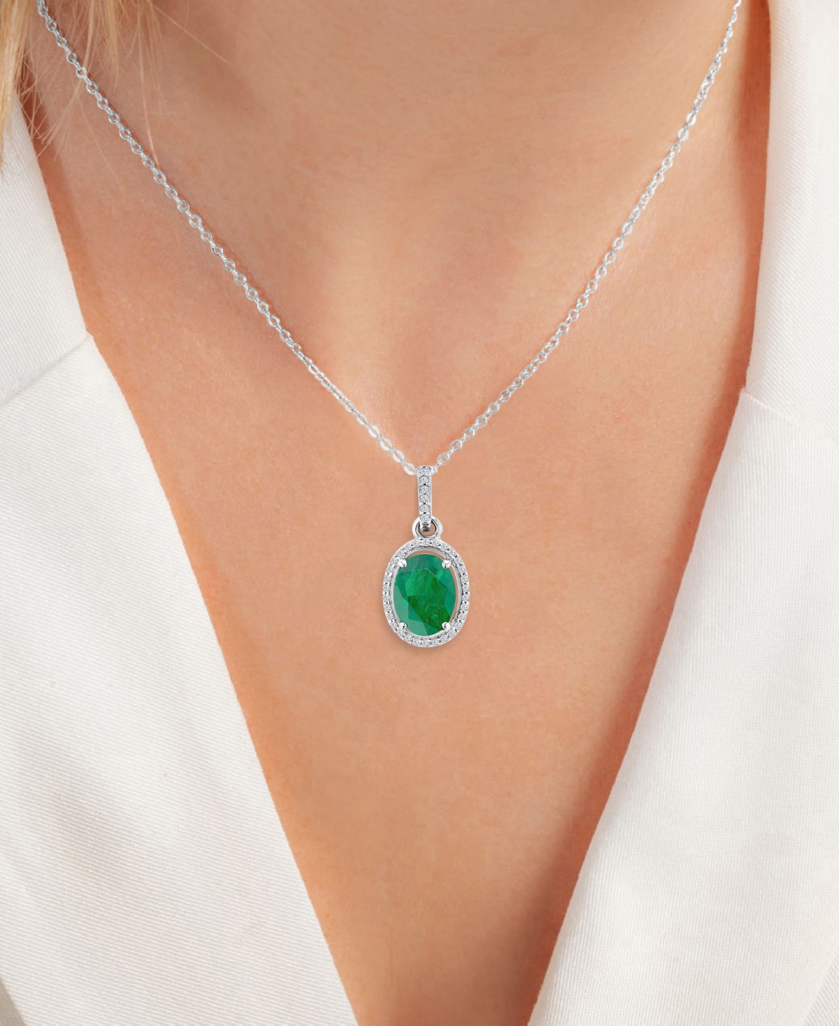 Macy's Emerald (0.76 ct. t.w.) & Diamond (0.105 ct. t.w.) Halo Necklace in 14K White Gold