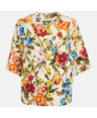 Women's Cream Floral Printed Crepe Button Front Jacket