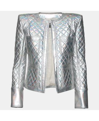 Women's Silver Holographic Quilted Open Front Jacket