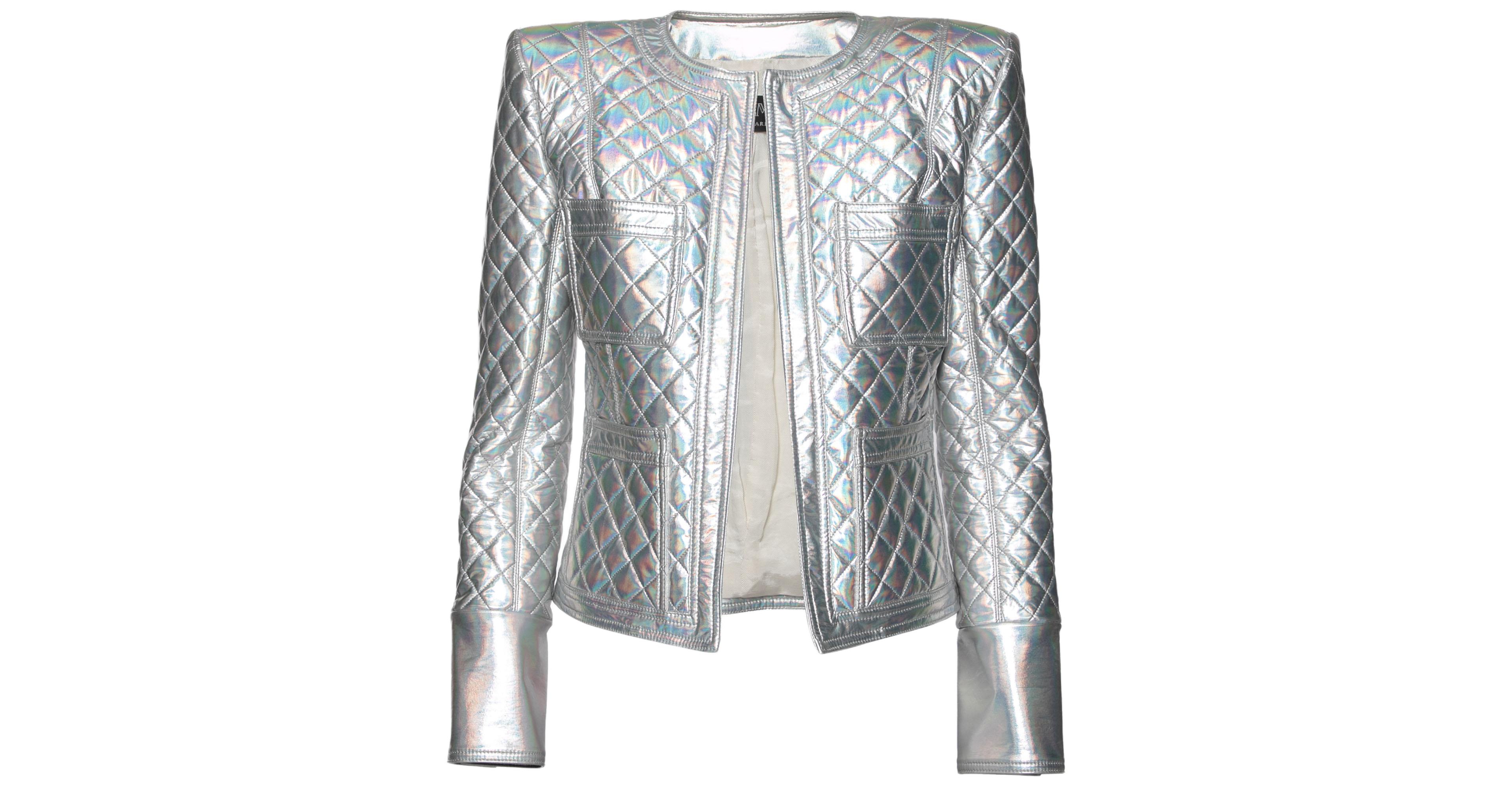 Pre-Owned Balmain Women's Silver Holographic Quilted Open Front Jacket