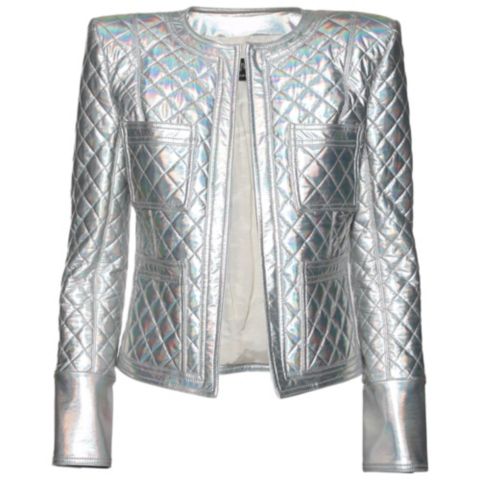 Женские куртки Pre-Owned Balmain Women's Silver Holographic Quilted Open Front Jacket