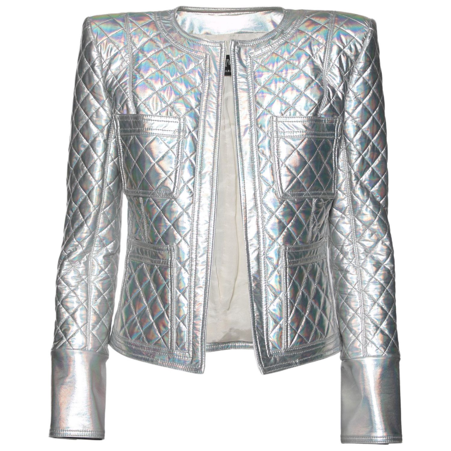 Women's Silver Holographic Quilted Open Front Jacket