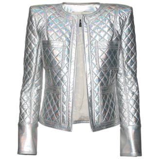 Pre-Owned Balmain Women's Silver Holographic Quilted Open Front