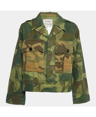 Women's Military Green Camouflage Cotton Blend Button Front Jacket
