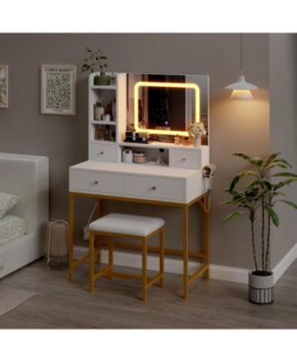 White 4-Drawer Lighted Mirror Vanity, Practical Makeup Table for Bedroom Storage