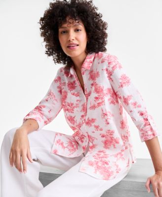 Women's 100% Linen Print Roll-Tab Shirt