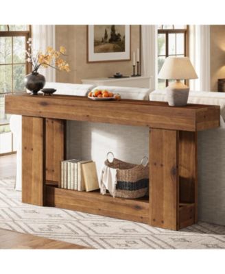 63-Inch Entryway Table, Farmhouse Solid Wood Console Table with U-Shaped Base, 2-Tier Narrow Long Sofa Table Behind The Couch