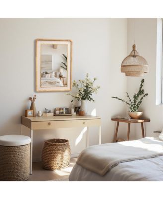 Rounded Rectangle Decorative Wall Mirror, 35" Rubberwood Frame with PU Leather Accent