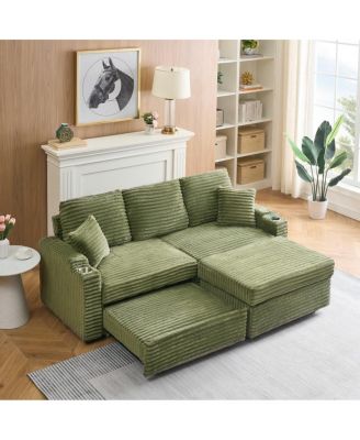 80 Inch Corduroy Sleeper Sofa Bed with Storage Ottoman, Pull-Out Convertible Couch for Living Room or Guest Room