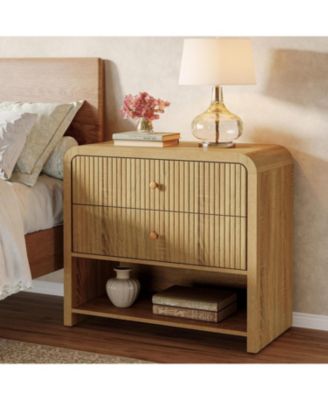 Oversized Nightstand with 2 Drawers Set of 2, 31.5" Large Wide Modern Bedside Table with Open Storage, Big Fluted Night Stand