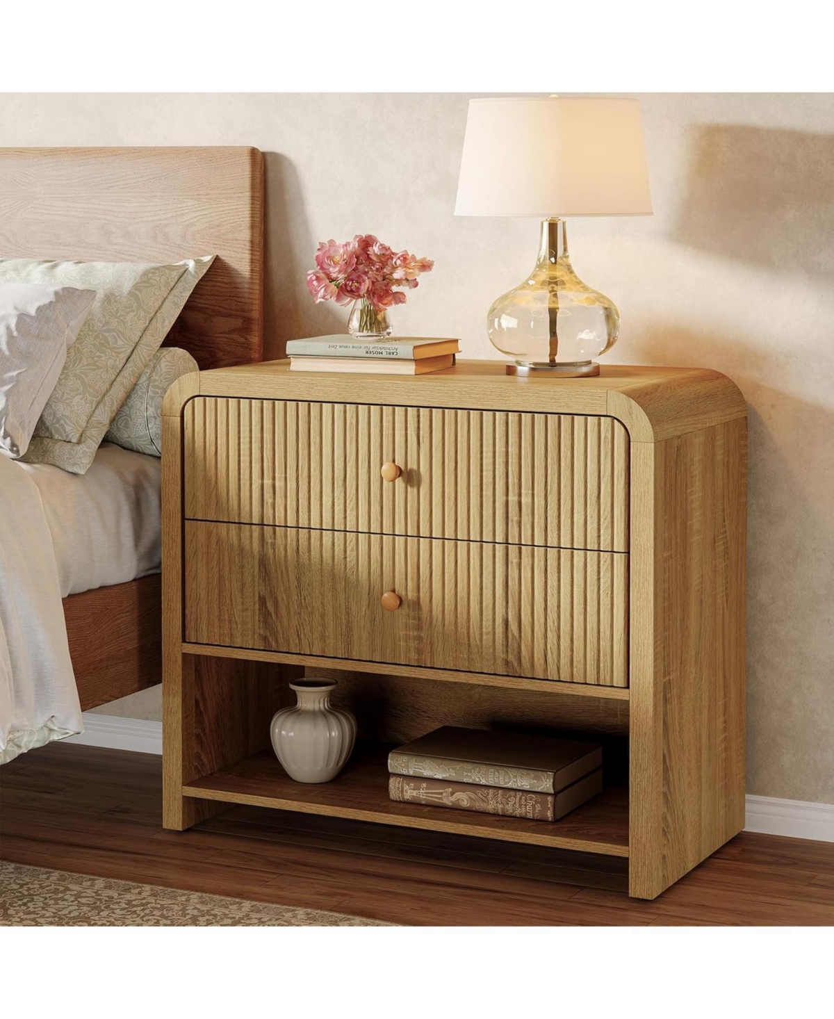 Tribesigns Oversized Nightstand with 2 Drawers Set of 2, 31.5" Large Wide Modern Bedside Table with Open Storage, Big Fluted Night Stand