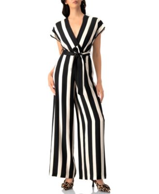 Women's Striped V-Neck Jumpsuit with Waist Tie