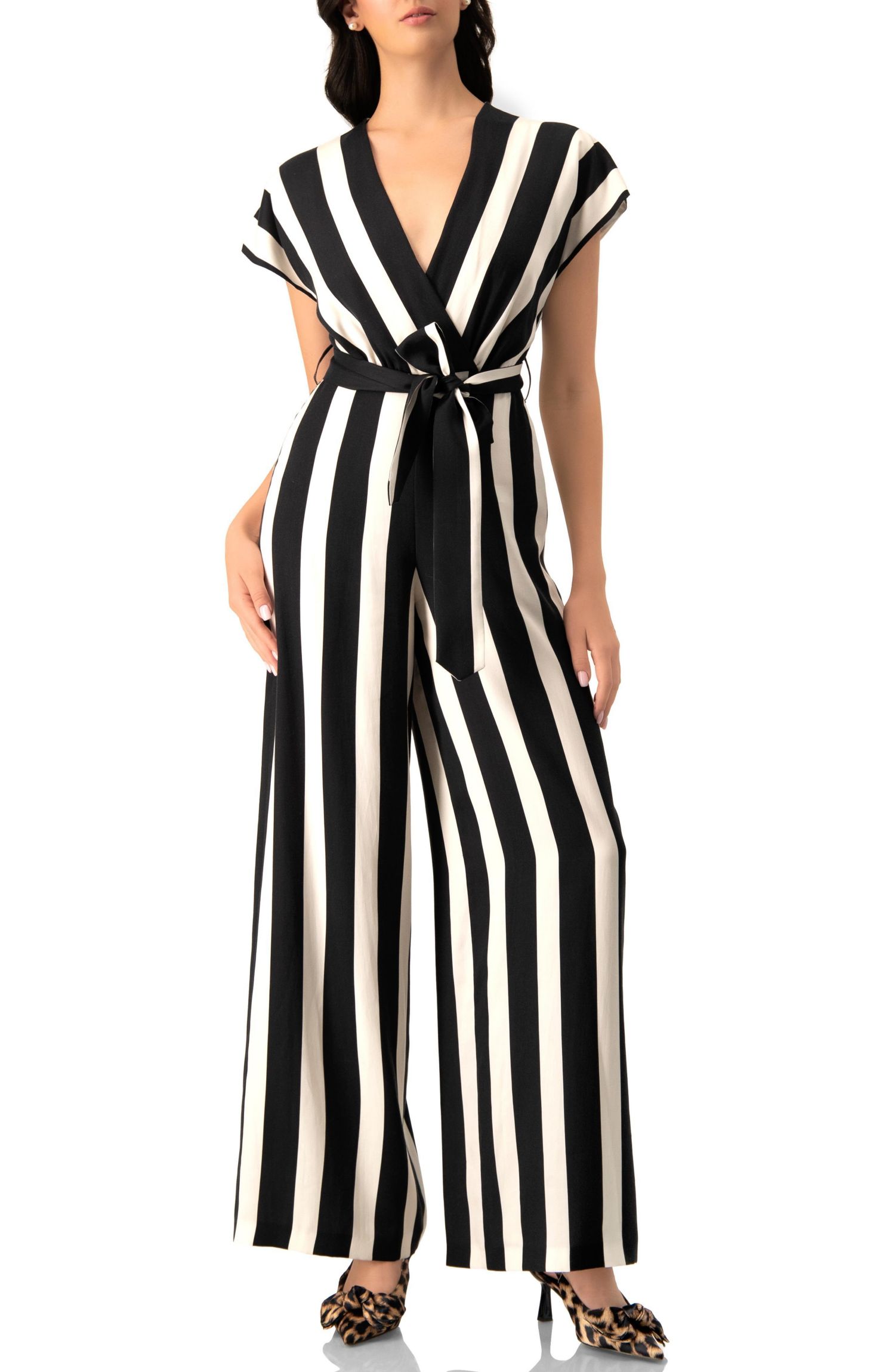 Women's Striped V-Neck Jumpsuit with Waist Tie