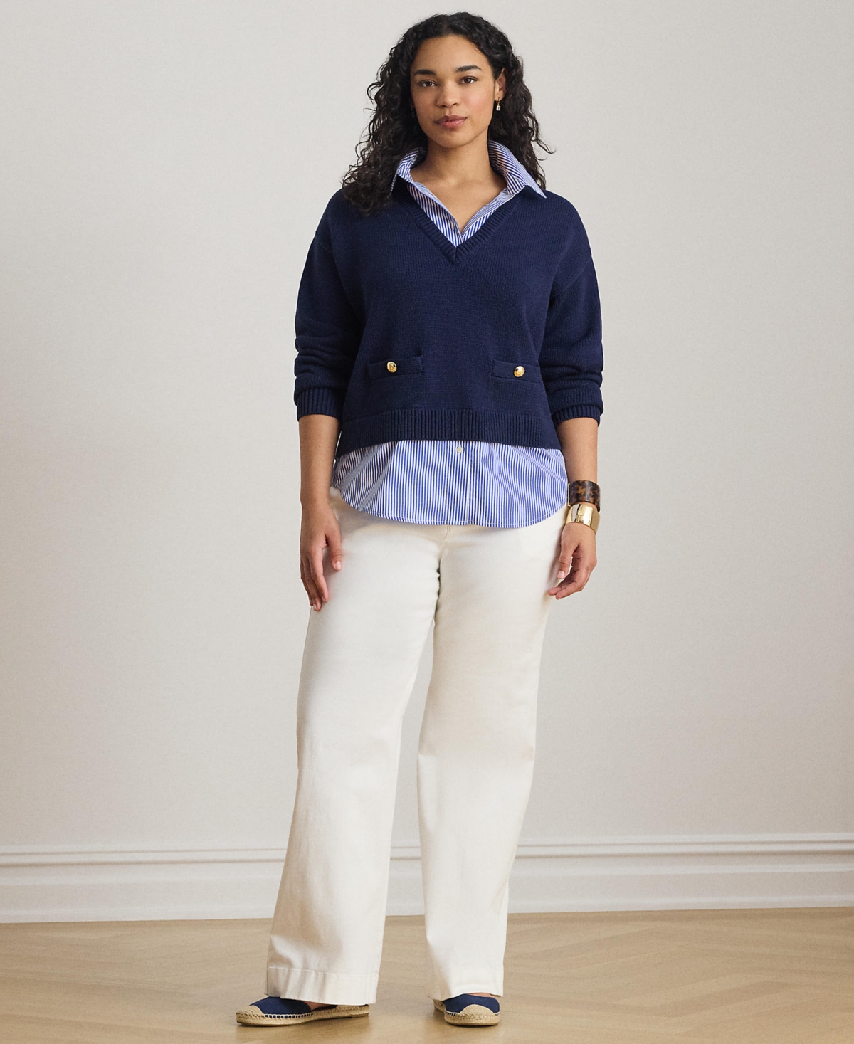 Lauren Ralph Plus Layered Button-Trim Cotton V-Neck Sweater