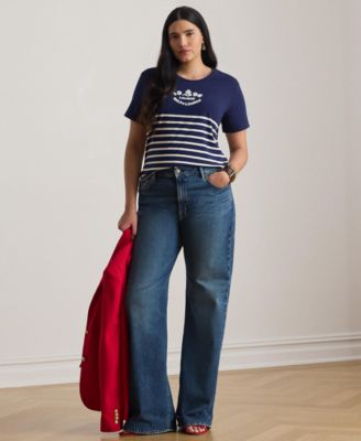 Plus Size Striped Embroidered Logo Jersey Crewneck T-Shirt