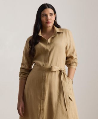 Plus Size Adalina Belted Linen Collared Neck Shirt Dress