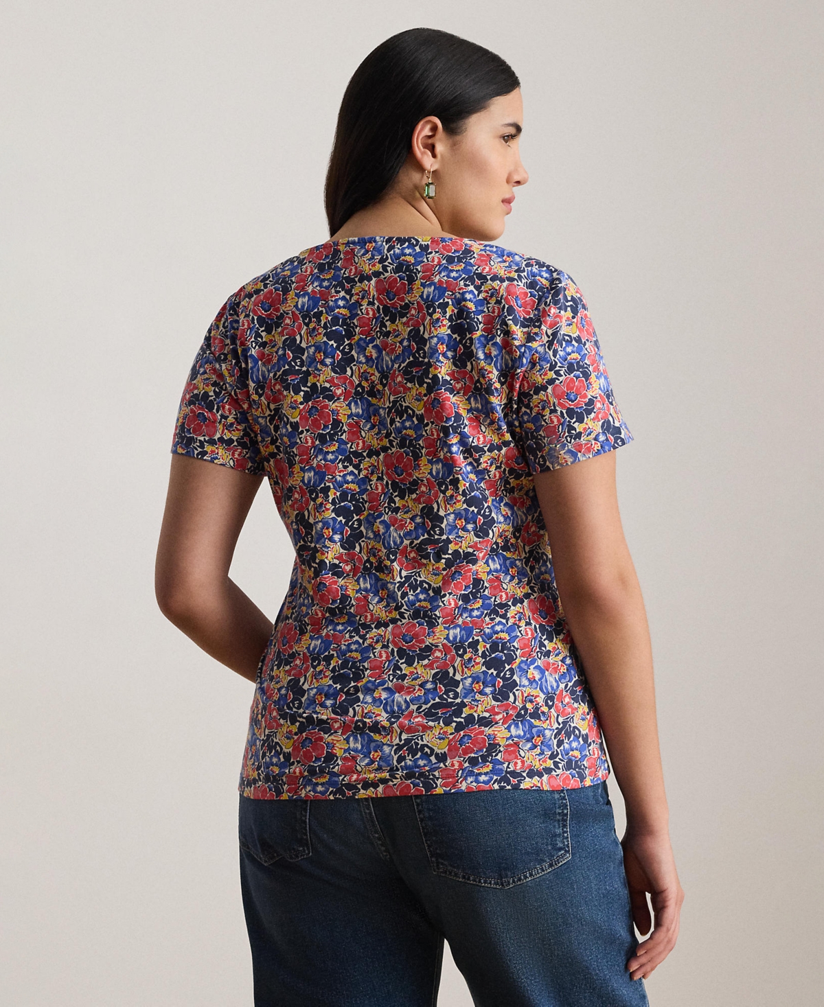 Lauren Ralph Plus Floral Cotton Jersey Square Neck Top