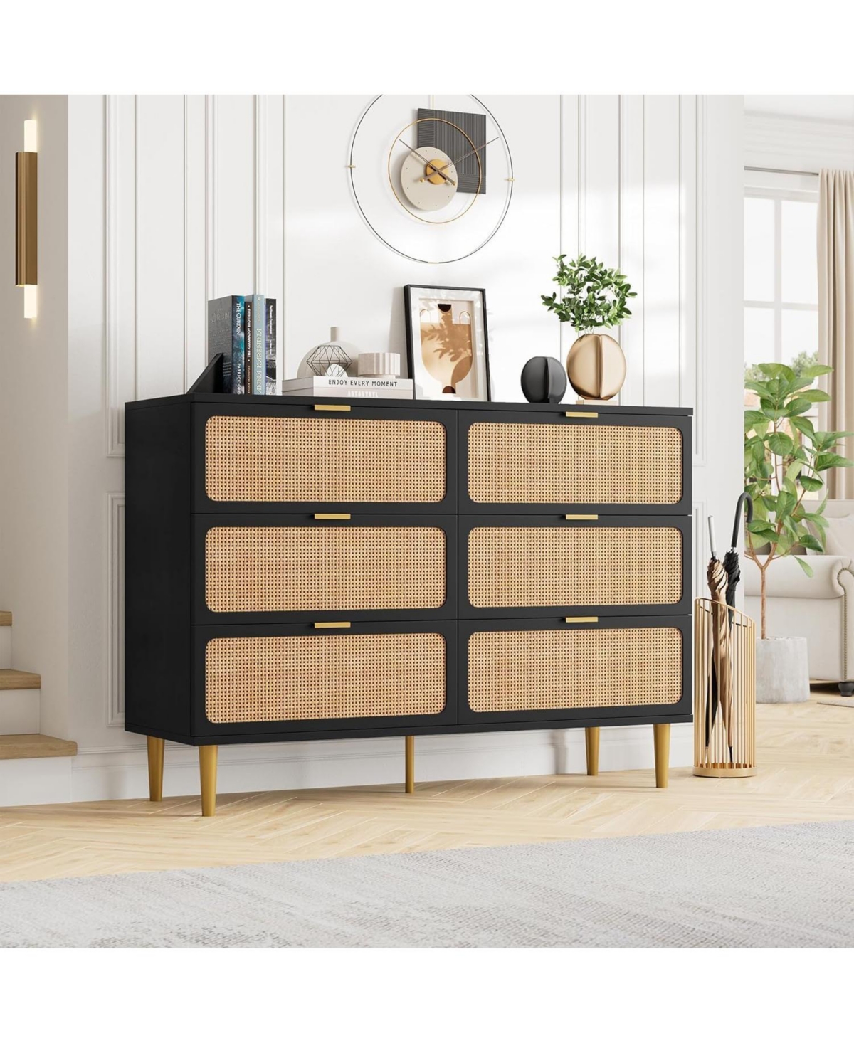 gaomon Rattan 6 Drawer Tv Stand, Large Wooden Media Console with Wide Storage Top, Entertainment Center for Living Room, Hallway, Kids Room - Black