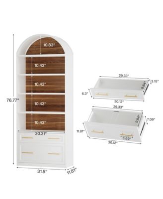 76.8" Tall Arched Bookcase, 5-Tier Bookshelf with File Cabinet Drawer, Modern Freestanding Wooden Bookshelves, Open Display Storage Shelves