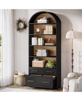 76.8" Tall Arched Bookcase, 5-Tier Bookshelf with File Cabinet Drawer, Modern Freestanding Wooden Bookshelves, Open Display Storage Shelves