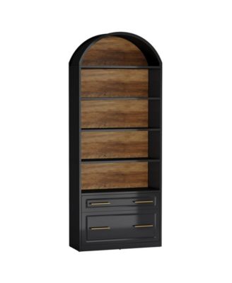 76.8" Tall Arched Bookcase, 5-Tier Bookshelf with File Cabinet Drawer, Modern Freestanding Wooden Bookshelves, Open Display Storage Shelves
