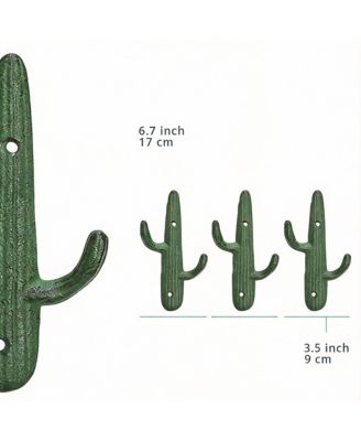 Set of 3 Rustic Cactus Cast Iron Wall Hooks for Coats, Bags, Towels - Easy Install