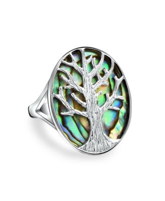 Oval Rainbow Abalone Family Wishing Statement Tree Of Life Ring .925 Sterling Silver