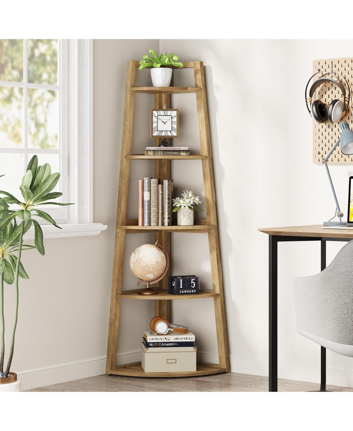 Tribesigns 70 inch Tall Corner Shelf, 5 Tier Modern Corner Bookshelf Bookcase Industrial Corner Ladder Shelf Plant Stand