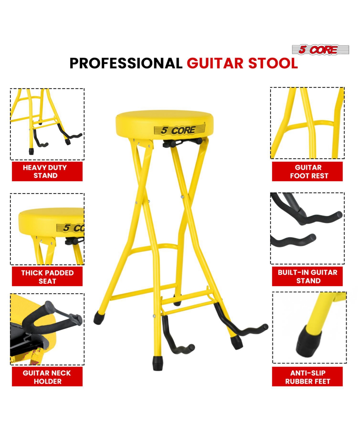 5 Core Guitar Stool 3.15" Padded Chair Foldable Heavy Duty Music Seat Built in Foot Rest Guitar Stand