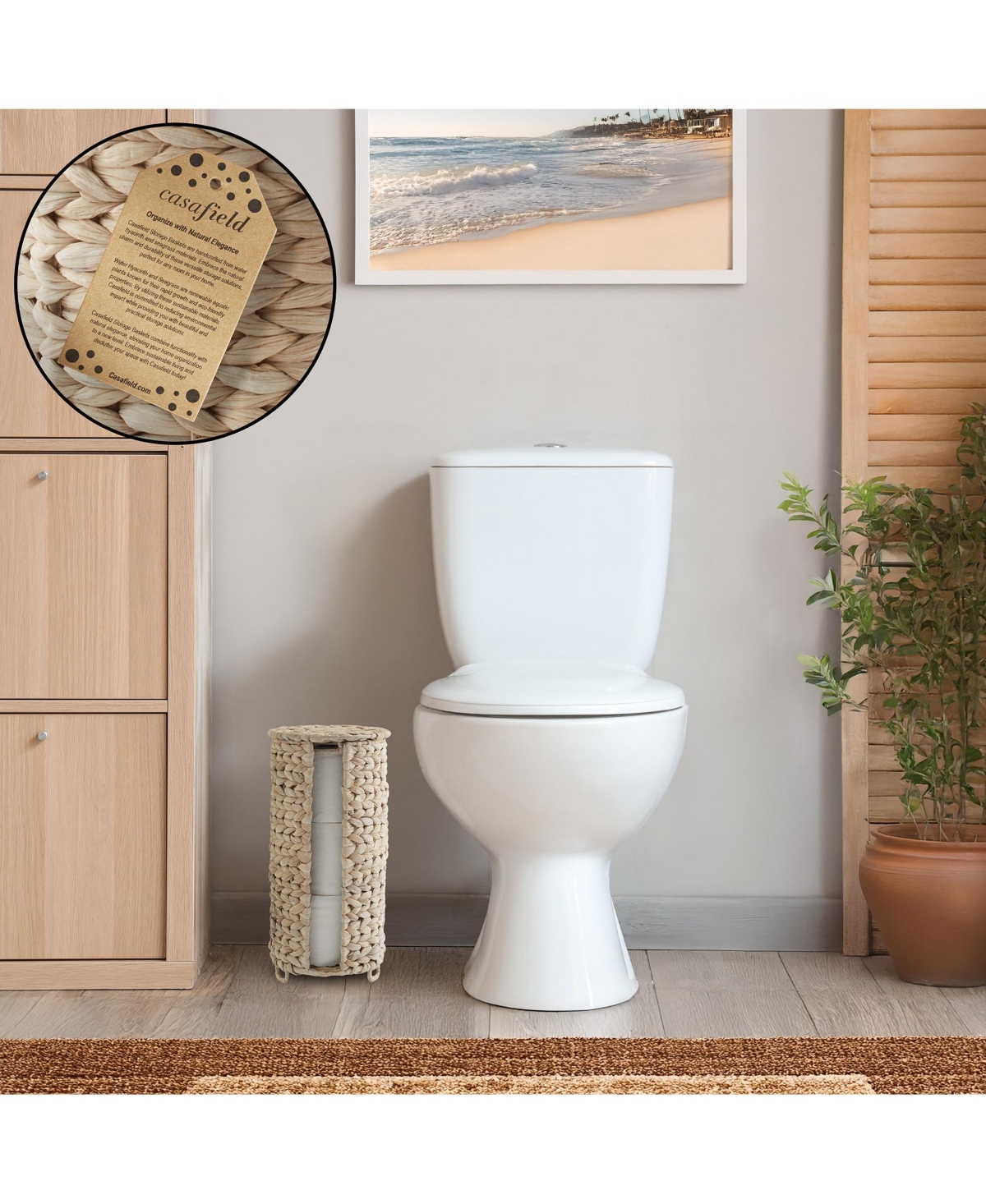 Casafield Toilet Paper Roll Holder with Lid - Natural, Fits 3 Rolls, Free Standing Water Hyacinth Bath Tissue Storage Organizer for Bathroom