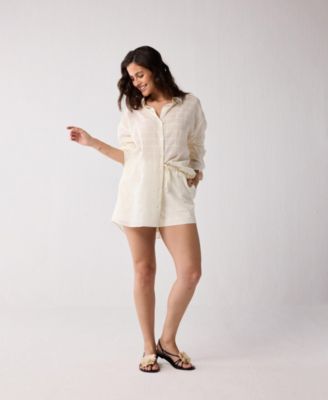 Women's Relaxed Shirt & Shorts Set Textured Cotton