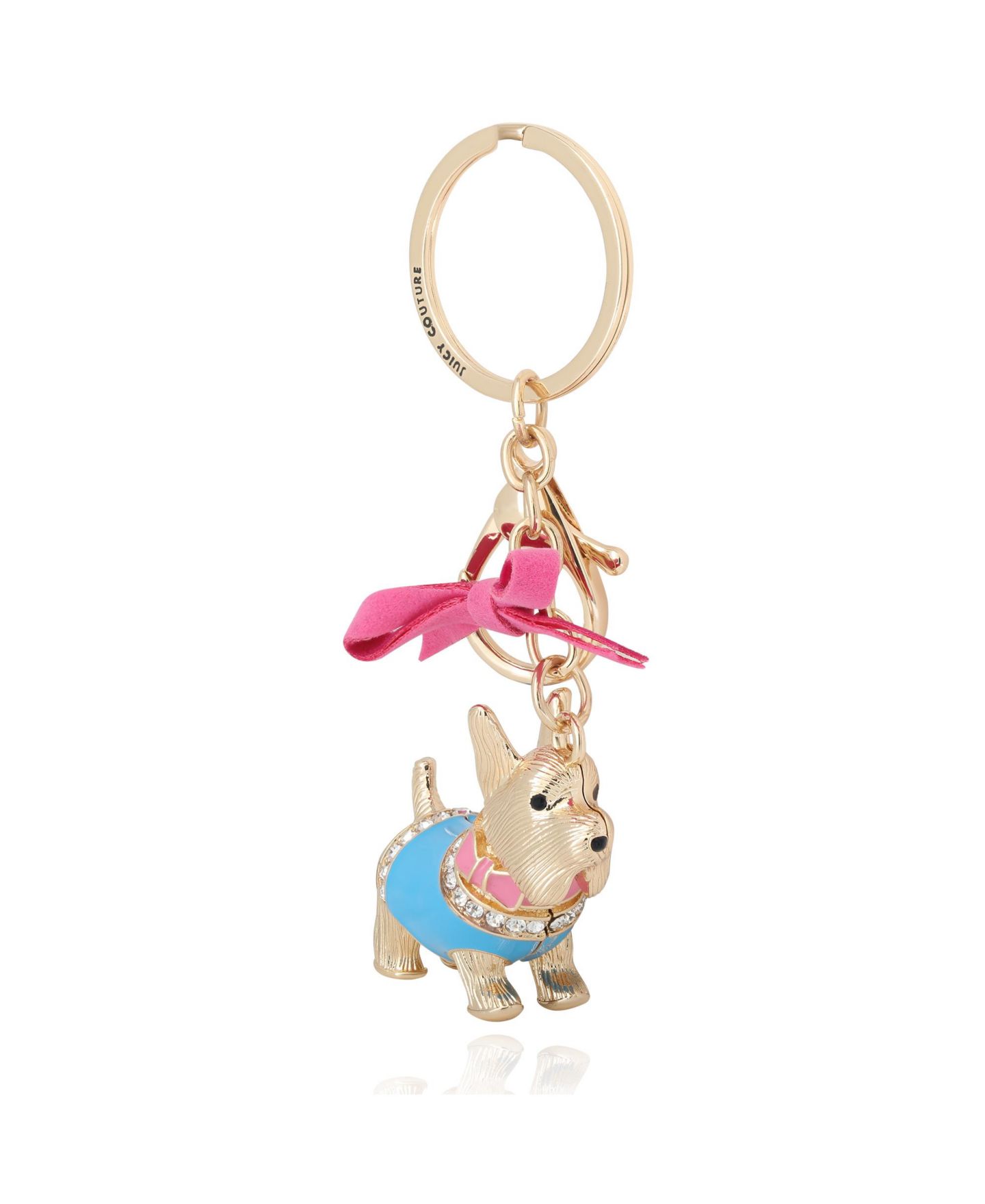 Женский брелок Juicy Couture Crystal Scottie Dog Keychain with Satin Bow, Gold Tone, цвет: Золотой / Розовый синий — фото 5