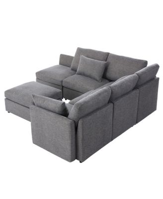 Gray U-shaped Sectional Sofa with Movable Ottoman & USB Ports