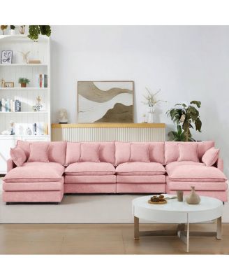 Modular U-Shaped 4-Seater Chenille Sofa with Movable Ottoman, Pink